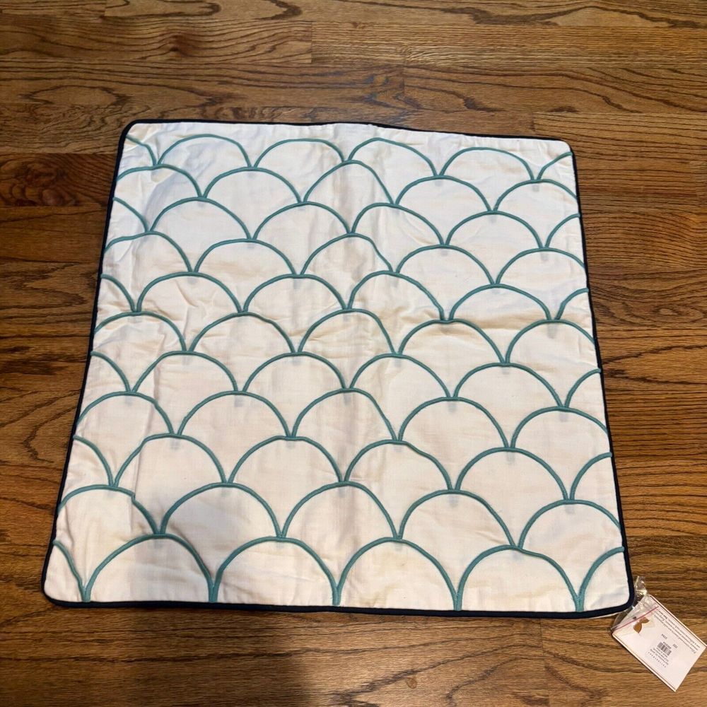 Pottery Barn Scallop Embroidered Pillow Cover White Teal Square 24"x24" NWT‎